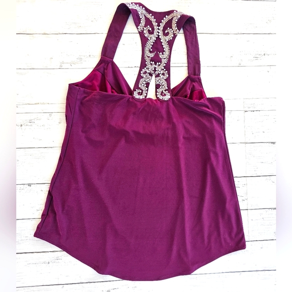 White House Black Market Maroon Bead Pearl Sequin Racerback Dressy Tank Top Sz M - Picture 2 of 10